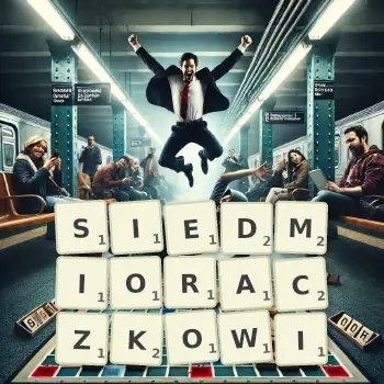 Kreatywna ilustracja do gry w Scrabble ze słowem SIEDMIORACZKOWI ułożonym z płytek na planszy.