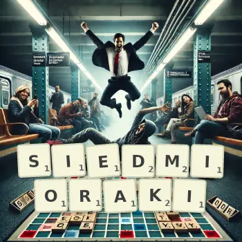 Kreatywna ilustracja do gry w Scrabble ze słowem SIEDMIORAKI ułożonym z płytek na planszy.