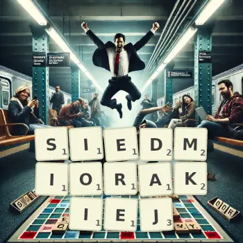 Kreatywna ilustracja do gry w Scrabble ze słowem SIEDMIORAKIEJ ułożonym z płytek na planszy.