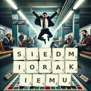 Kreatywna ilustracja do gry w Scrabble ze słowem SIEDMIORAKIEMU ułożonym z płytek na planszy.