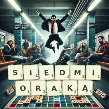 Kreatywna ilustracja do gry w Scrabble ze słowem SIEDMIORAKĄ ułożonym z płytek na planszy.