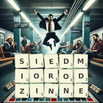 Kreatywna ilustracja do gry w Scrabble ze słowem SIEDMIORODZINNE ułożonym z płytek na planszy.