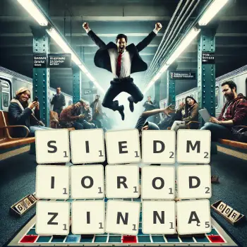 Kreatywna ilustracja do gry w Scrabble ze słowem SIEDMIORODZINNĄ ułożonym z płytek na planszy.