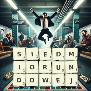 Kreatywna ilustracja do gry w Scrabble ze słowem SIEDMIORUNDOWEJ ułożonym z płytek na planszy.