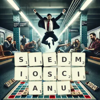 Kreatywna ilustracja do gry w Scrabble ze słowem SIEDMIOSCIANU ułożonym z płytek na planszy.