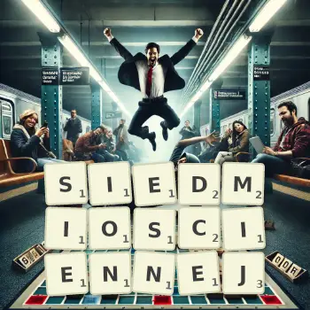 Kreatywna ilustracja do gry w Scrabble ze słowem SIEDMIOSCIENNEJ ułożonym z płytek na planszy.