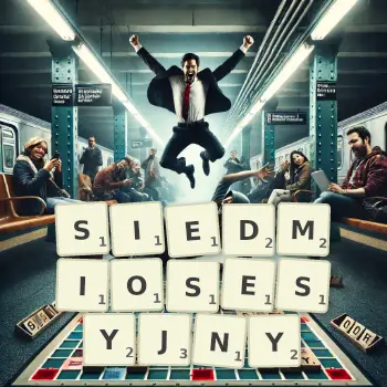 Kreatywna ilustracja do gry w Scrabble ze słowem SIEDMIOSESYJNY ułożonym z płytek na planszy.