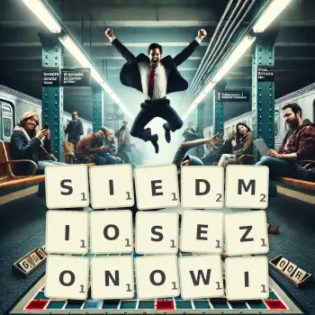 Kreatywna ilustracja do gry w Scrabble ze słowem SIEDMIOSEZONOWI ułożonym z płytek na planszy.