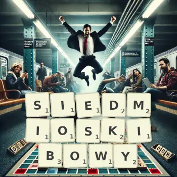 Kreatywna ilustracja do gry w Scrabble ze słowem SIEDMIOSKIBOWY ułożonym z płytek na planszy.