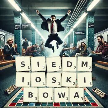 Kreatywna ilustracja do gry w Scrabble ze słowem SIEDMIOSKIBOWĄ ułożonym z płytek na planszy.