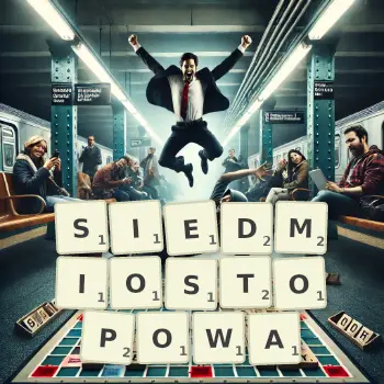 Kreatywna ilustracja do gry w Scrabble ze słowem SIEDMIOSTOPOWA ułożonym z płytek na planszy.