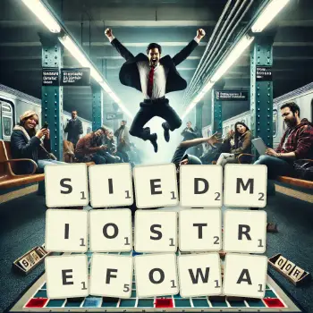 Kreatywna ilustracja do gry w Scrabble ze słowem SIEDMIOSTREFOWA ułożonym z płytek na planszy.