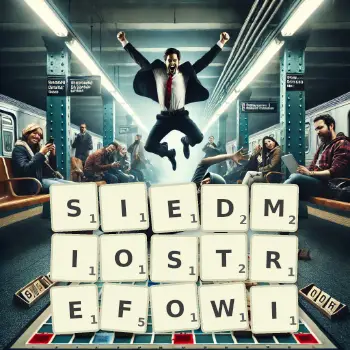 Kreatywna ilustracja do gry w Scrabble ze słowem SIEDMIOSTREFOWI ułożonym z płytek na planszy.