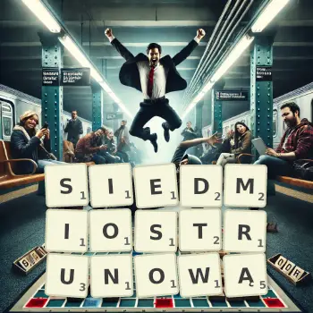 Kreatywna ilustracja do gry w Scrabble ze słowem SIEDMIOSTRUNOWĄ ułożonym z płytek na planszy.