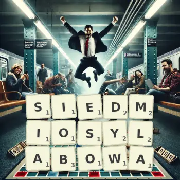 Kreatywna ilustracja do gry w Scrabble ze słowem SIEDMIOSYLABOWA ułożonym z płytek na planszy.