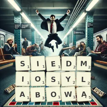 Kreatywna ilustracja do gry w Scrabble ze słowem SIEDMIOSYLABOWĄ ułożonym z płytek na planszy.