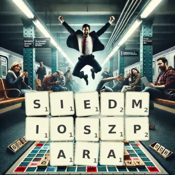 Kreatywna ilustracja do gry w Scrabble ze słowem SIEDMIOSZPARA ułożonym z płytek na planszy.