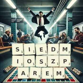 Kreatywna ilustracja do gry w Scrabble ze słowem SIEDMIOSZPAREM ułożonym z płytek na planszy.