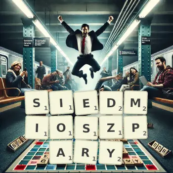 Kreatywna ilustracja do gry w Scrabble ze słowem SIEDMIOSZPARY ułożonym z płytek na planszy.