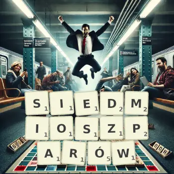Kreatywna ilustracja do gry w Scrabble ze słowem SIEDMIOSZPARÓW ułożonym z płytek na planszy.