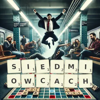 Kreatywna ilustracja do gry w Scrabble ze słowem SIEDMIOWCACH ułożonym z płytek na planszy.