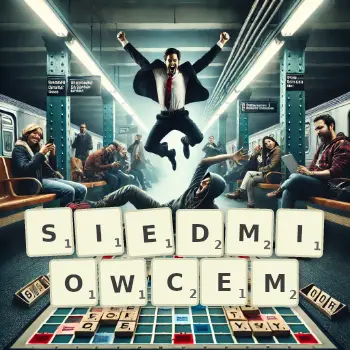 Kreatywna ilustracja do gry w Scrabble ze słowem SIEDMIOWCEM ułożonym z płytek na planszy.