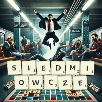 Kreatywna ilustracja do gry w Scrabble ze słowem SIEDMIOWCZE ułożonym z płytek na planszy.