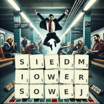 Kreatywna ilustracja do gry w Scrabble ze słowem SIEDMIOWERSOWEJ ułożonym z płytek na planszy.