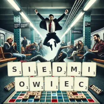 Kreatywna ilustracja do gry w Scrabble ze słowem SIEDMIOWIEC ułożonym z płytek na planszy.