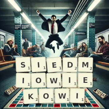 Kreatywna ilustracja do gry w Scrabble ze słowem SIEDMIOWIEKOWI ułożonym z płytek na planszy.