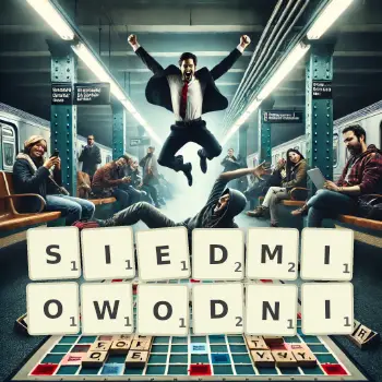 Kreatywna ilustracja do gry w Scrabble ze słowem SIEDMIOWODNI ułożonym z płytek na planszy.