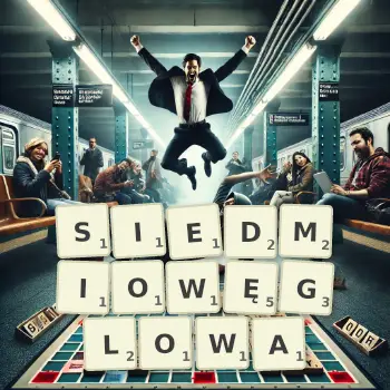 Kreatywna ilustracja do gry w Scrabble ze słowem SIEDMIOWĘGLOWA ułożonym z płytek na planszy.