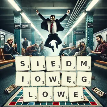 Kreatywna ilustracja do gry w Scrabble ze słowem SIEDMIOWĘGLOWE ułożonym z płytek na planszy.