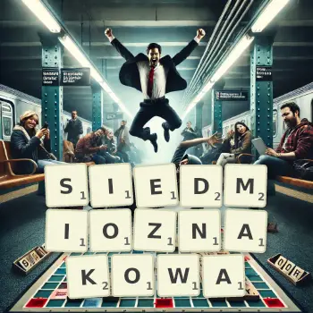 Kreatywna ilustracja do gry w Scrabble ze słowem SIEDMIOZNAKOWA ułożonym z płytek na planszy.