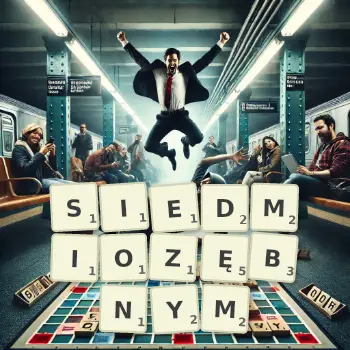 Kreatywna ilustracja do gry w Scrabble ze słowem SIEDMIOZĘBNYM ułożonym z płytek na planszy.