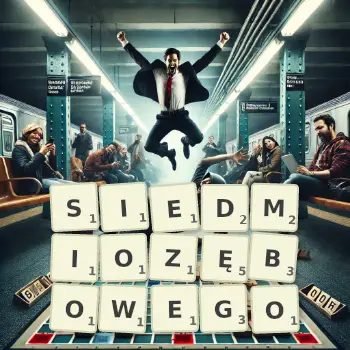 Kreatywna ilustracja do gry w Scrabble ze słowem SIEDMIOZĘBOWEGO ułożonym z płytek na planszy.