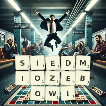 Kreatywna ilustracja do gry w Scrabble ze słowem SIEDMIOZĘBOWI ułożonym z płytek na planszy.