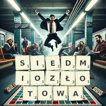 Kreatywna ilustracja do gry w Scrabble ze słowem SIEDMIOZŁOTOWA ułożonym z płytek na planszy.