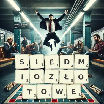 Kreatywna ilustracja do gry w Scrabble ze słowem SIEDMIOZŁOTOWE ułożonym z płytek na planszy.