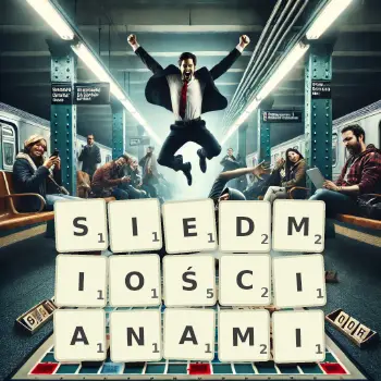 Kreatywna ilustracja do gry w Scrabble ze słowem SIEDMIOŚCIANAMI ułożonym z płytek na planszy.