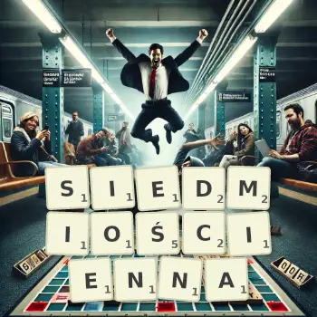 Kreatywna ilustracja do gry w Scrabble ze słowem SIEDMIOŚCIENNA ułożonym z płytek na planszy.