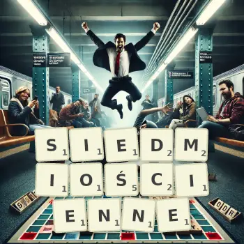 Kreatywna ilustracja do gry w Scrabble ze słowem SIEDMIOŚCIENNE ułożonym z płytek na planszy.