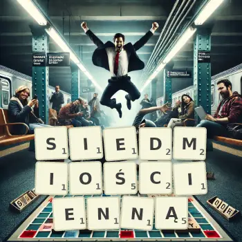 Kreatywna ilustracja do gry w Scrabble ze słowem SIEDMIOŚCIENNĄ ułożonym z płytek na planszy.