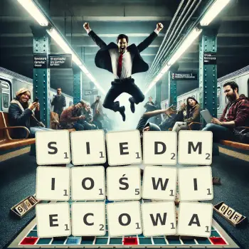 Kreatywna ilustracja do gry w Scrabble ze słowem SIEDMIOŚWIECOWA ułożonym z płytek na planszy.