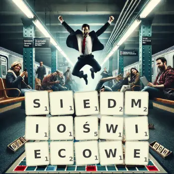 Kreatywna ilustracja do gry w Scrabble ze słowem SIEDMIOŚWIECOWE ułożonym z płytek na planszy.