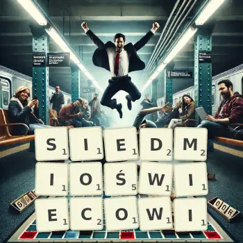 Kreatywna ilustracja do gry w Scrabble ze słowem SIEDMIOŚWIECOWI ułożonym z płytek na planszy.