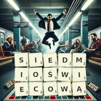 Kreatywna ilustracja do gry w Scrabble ze słowem SIEDMIOŚWIECOWĄ ułożonym z płytek na planszy.