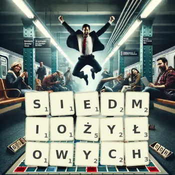 Kreatywna ilustracja do gry w Scrabble ze słowem SIEDMIOŻYŁOWYCH ułożonym z płytek na planszy.