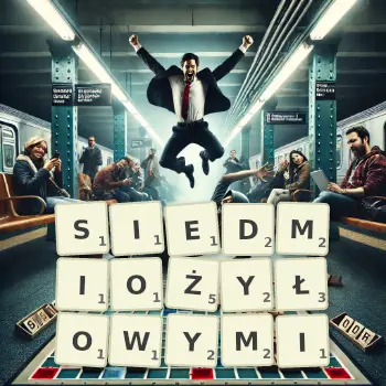 Kreatywna ilustracja do gry w Scrabble ze słowem SIEDMIOŻYŁOWYMI ułożonym z płytek na planszy.