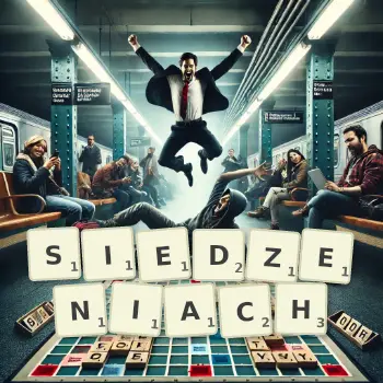 Kreatywna ilustracja do gry w Scrabble ze słowem SIEDZENIACH ułożonym z płytek na planszy.